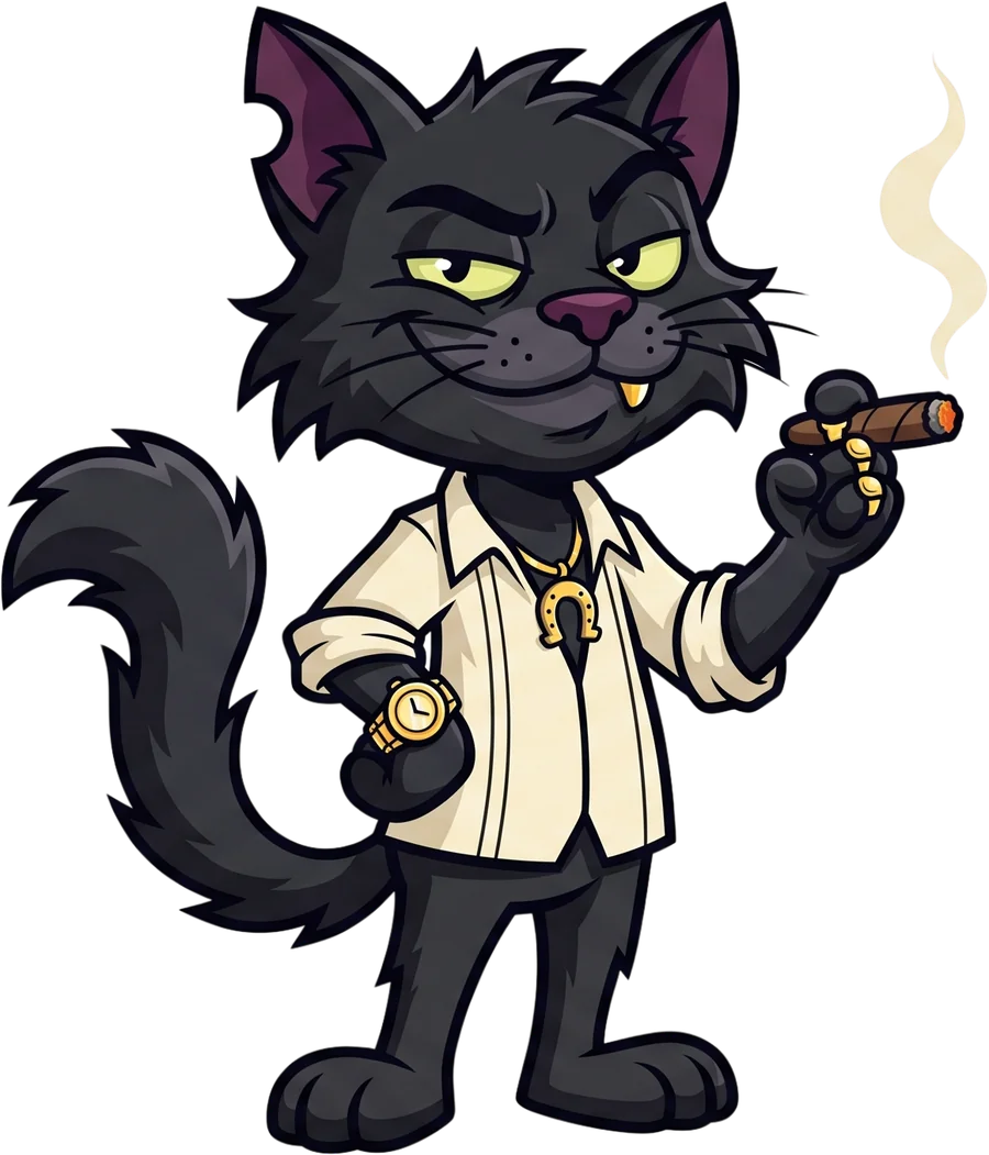 El Gato, a black cat in a cream guayabera holding a cigar.