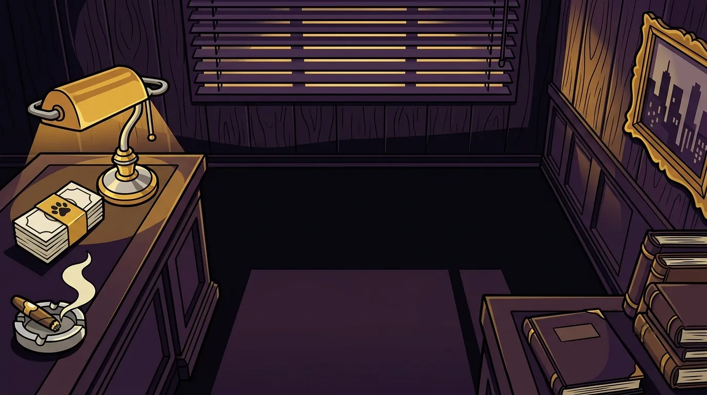 The back office: banker's lamp, cash stacks, cigar and blinds.